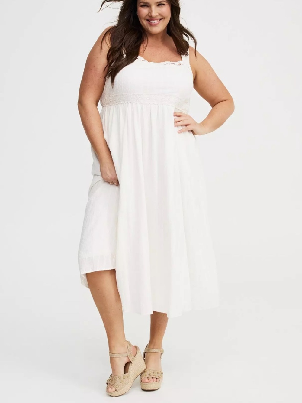Torrid Dress 2X White Embroidered Lace Trim Beach Rush Plus Size Midi Cotton NWT